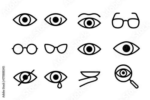 Eye and vision line icon set. Ophthalmology, optometry symbols. Glasses, contact lens, vision test, eyesight check. Blindness, crying eye pictogram for web design.