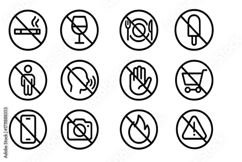 Prohibition signs line icon set. Forbidden symbols collection. No smoking, no food, no alcohol, no phone, no photo camera, no entry. Public place restriction rules vector.