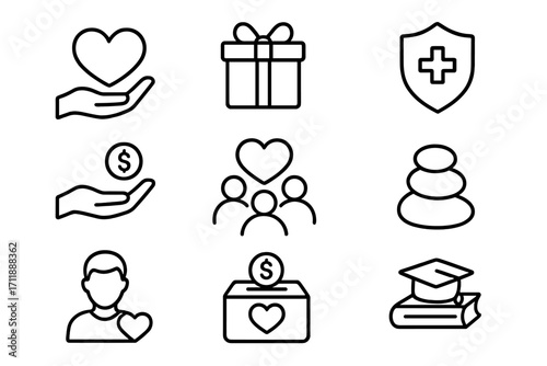Charity and donation line icon set. Vector symbols for volunteering, support, giving, healthcare, and education. Outline pictogram for non-profit and fundraising.