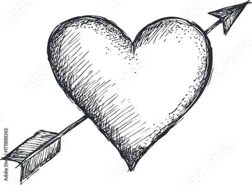 A hand-drawn illustration of a heart pierced by an arrow symbolizing love and romance.