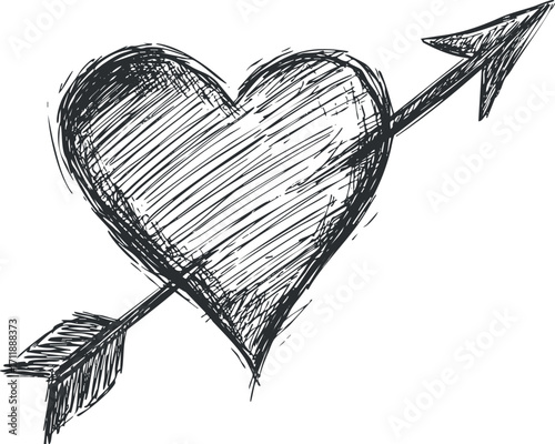 A hand-drawn heart pierced by an arrow symbolizing love and romance in a sketchy style.
