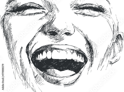 A detailed sketch of a joyful woman laughing, showcasing deep emotions and vibrant happiness.