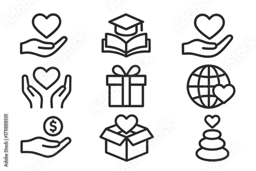 Charity and donation thin line icon set. Giving, love, support concepts. Vector icons for education, healthcare, volunteer, and nonprofit. Gift, money, global aid signs.