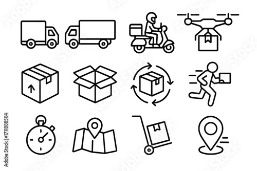 Delivery and logistics line icon set. Shipping service signs for web and apps. Fast courier, drone, truck, scooter transport. Package tracking, box, map pin vector icons.