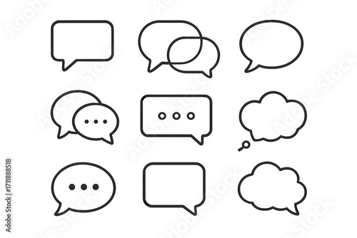 Speech bubble line icon set. Chat, talk, message, and dialogue bubbles. Communication and conversation symbols. Thinking, speak, and quote signs. Vector minimal outline pictogram collection.