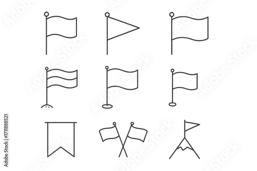 Flag icon line art set. Vector signs of success, achievement, goal. Waving flag, banner, pennant symbols for web, apps, infographics. Location marker and finish line.