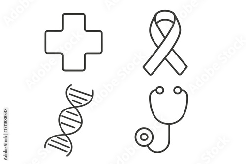 Medical line icons set. Health care symbols. Outline medical cross, cancer support ribbon, DNA helix, stethoscope. Vector graphic for hospital, science, diagnosis, apps.