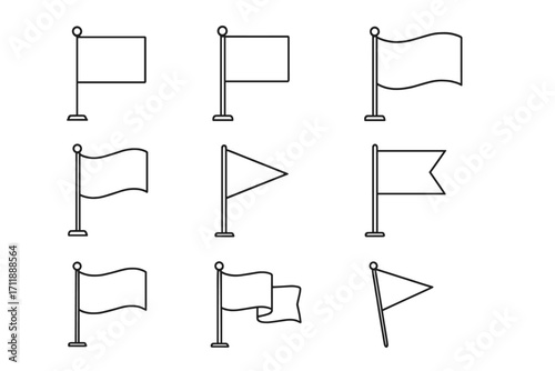 Flag icon set thin line collection. Waving flags on flagpole. Vector outline symbols for map marker, location pin, banner, or web design. Minimalist pennant illustration.