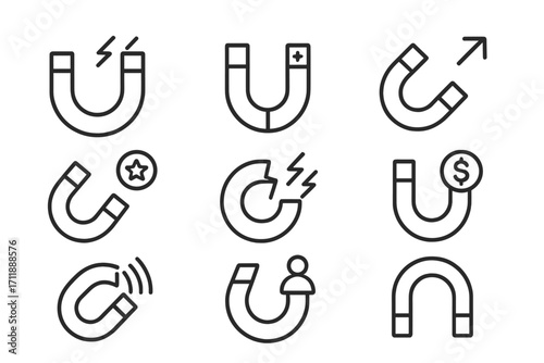 Magnet icon set for marketing and customer attraction. Lead generation, influence, and engagement concepts. Linear pictograms for UI, UX, web, and mobile app design.