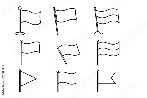 Collection of flag icons. Thin line art vector set for apps, web design, and infographics. Waving banner and pennant symbols on a flagpole. Location marker pin sign.