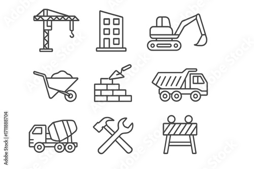 Construction Line Icon Set, Editable Stroke, Minimal Linear Pictograms, Building Equipment, Construction Tools, Machinery, Vehicles, Barriers, Material, Heavy Equipment, Vector Illustration
