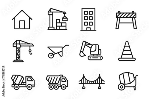 Construction Line Icon Collection, Editable Stroke, Minimalist Building Tools and Equipment Pictograms, Cranes, Trucks, Barriers, Bridge, Wheelbarrow, Excavator, House, Road Cone, Vector Design