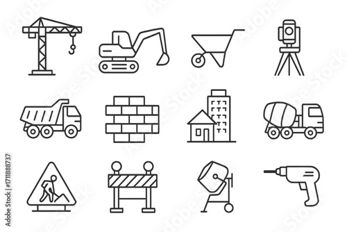 Construction Equipment Tools Line Icon Set. Crane, Excavator, Wheelbarrow, Dump Truck, Mixer, Drill, Survey Tripod, Bricks, Building, Barrier, Construction Sign. Minimal Linear Vector