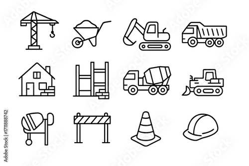 Construction Site Line Icon Set. Crane, Wheelbarrow, Excavator, Dump Truck, Cement Mixer, Bulldozer, House Building, Construction Equipment, Safety Helmet, Barrier, Cone. Editable Vector Illustration