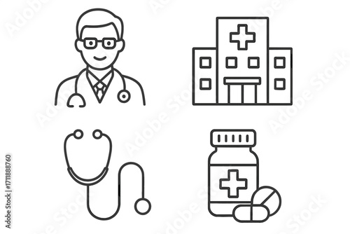 Medical Healthcare Icons Set. Doctor, Hospital Building, Stethoscope, Medicine Bottle and Pills. Linear Thin Line Illustrations for Medical Interface, Card, Poster, Infographic, Digital Health Concept