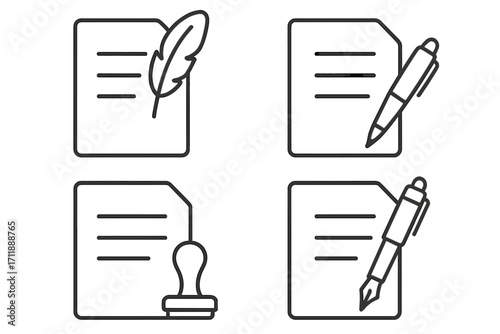 Document Icon Collection with Feather Quill, Ballpoint Pen, Fountain Pen, Stamp Outline Set. Legal, Historical, Office, Writing, Signature, Approval, Contract, Editable Stroke Vector Illustration