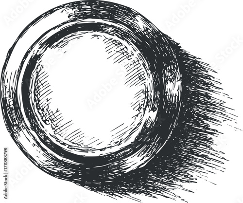 A hand-drawn sketch of a circular empty plate with intricate shading and texture.