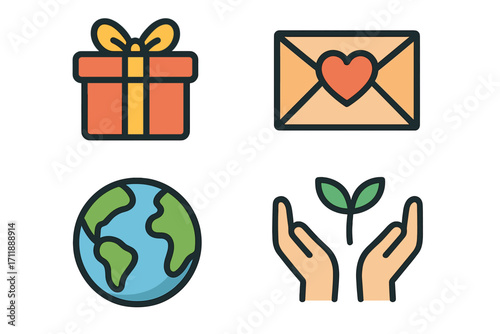 Charity and Giving Vector Icon Pack. Gift Box, Heart Envelope, Earth Globe, Hands Holding Seedling. Donation, Love, Nature, Sustainability, Support, Environment, Communication, Present, Care