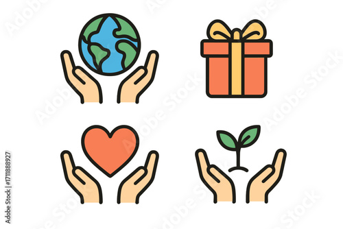 Charity and Giving Concept Icon Set. Hands Holding Globe, Heart, Gift Box, Plant. Volunteer, Donation, Support, Kindness, Nonprofit, Environmental Care, Love, Growth, Help, Vector Illustration