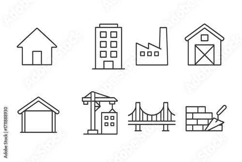 Construction and Architecture Outline Icons Collection. Editable Stroke Linear Web Pictograms. House, Factory, Barn, Garage, Building Crane, Bridge, Masonry, Industrial Design Vector Set.