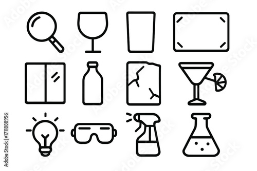 Glass and Laboratory Line Icons Set. Magnifying Glass, Wine Glass, Drinking Glass, Test Tube, Mirror, Bottle, Broken Glass, Cocktail, Lightbulb, Goggles, Spray Bottle, Flask. Editable Stroke Vector