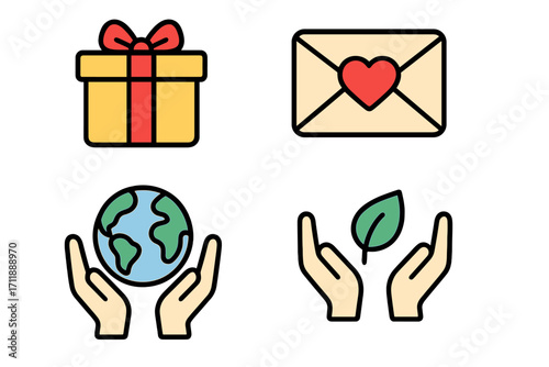 Charity and Gift Icon Collection – Present Box, Love Letter, Earth in Hands, Eco Nature Care, Donation, Volunteer Support, Global Giving, Environmental Protection, Vector Cartoon Illustration
