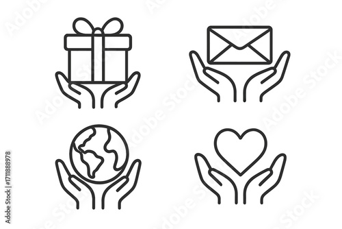 Charity, Gift, Support Icons Set. Hands Holding Gift Box, Envelope, Globe, Heart. Donation, Care, Love, Volunteer, Help, Save, Giving, Social Responsibility, Global Aid, Charity Concept Vector