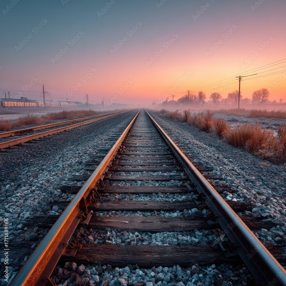 Fototapeta premium Railroad tracks at sunrise, mist-filled landscape