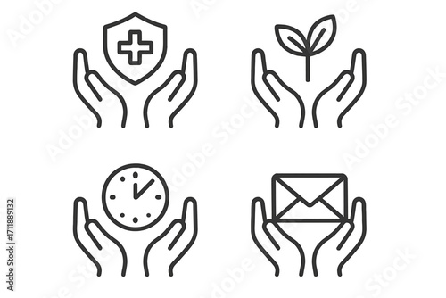 Collection of hand caring icons set. Hands holding health shield cross, nature plant, clock time, envelope mail. Support, protection, insurance, ecology, time management, communication concept vector