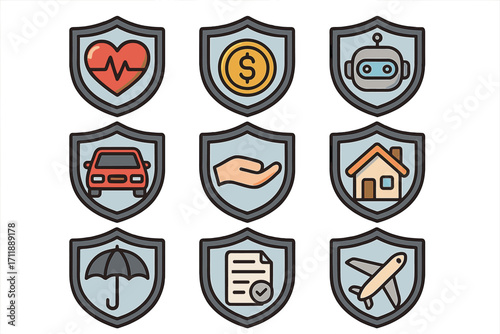 Insurance protection icon bundle. Vector cartoon shields with health, car, money, travel, home, document, technology, liability, umbrella, hand, artificial intelligence. Concept insurance icons.