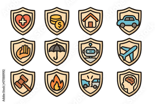 Insurance Icon Bundle Vector Set. Cartoon Shield Symbols for Health, Money, Home, Car, Travel, Accident, Fire, Law, Robotics, Mental Health, Protection, Security. Graphic Resources for Apps and Web