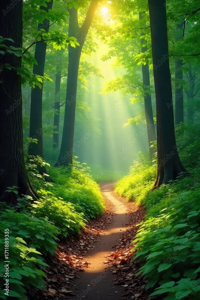 Fototapeta premium Sun-dappled forest path winding through lush greenery, sunlight filtering through leaves, creating a magical atmosphere Perfect for nature, travel, and adventure themes , forest, sunlight