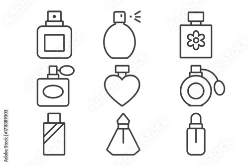Perfume icon set. Fragrance bottle line art collection. Minimal cosmetic and beauty symbols. Vector outline pictogram for web, app, and UI design. Cologne, spray, atomizer.