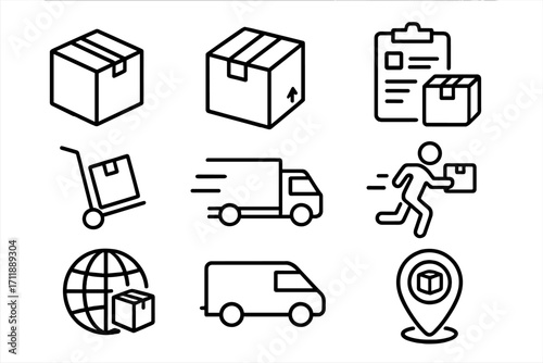 Delivery service icon set. Shipping and logistics line icons collection. Package, box, truck, courier. Fast delivery, order tracking, e-commerce symbols for web and apps.