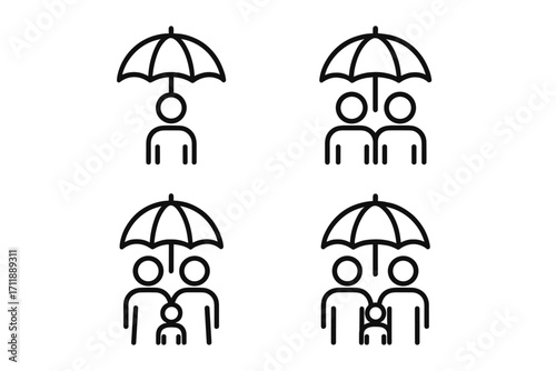 Family and Individual Protection Insurance Line Icons Set. People, Couples, Child, Parents under Umbrella Outline. Safety, Security, Life, Health Insurance Symbols for Web, App, Card, Advertising.