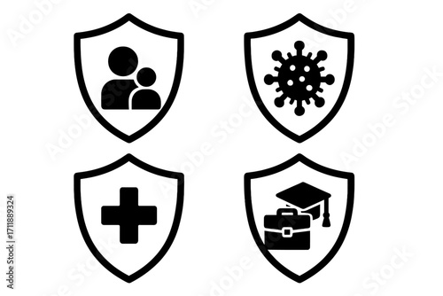 Insurance and Protection Shield Icon Set with People, Virus, Medical Cross, Business, Education Elements for Healthcare, Family Security, Pandemic Safety, Career, School, Outline Vector Graphic