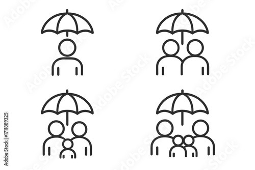 Family and Individual Protection Insurance Icon Set. Line Art People, Couple, Child, Group Under Umbrella. Safe Life, Security, Health, Coverage, Support Concept. Outline Vector Illustration Elements.