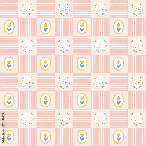 seamless minimal tulip flower repeat pattern plaid checkered background, flat vector illustration graphic design