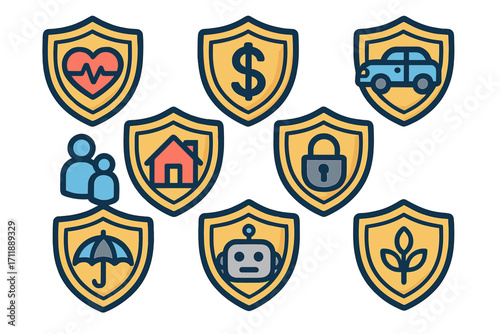 Insurance Protection Line Icon Set. Shield Badge Vector Icons for Health, Finance, Car, Home, Family, Security, Technology, Agriculture, Umbrella Coverage. Cartoon Outline, Transparent Background
