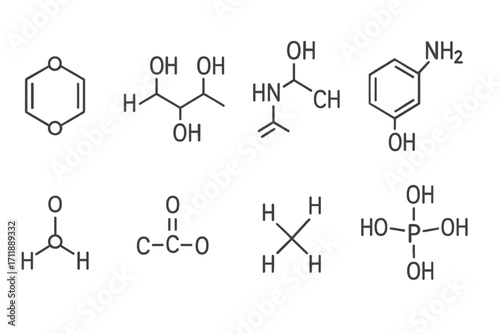 Set of chemical compound structures. Organic chemistry molecular formulas. Science and education vector icon collection. Benzene ring, acid, alcohol, amine group illustration.