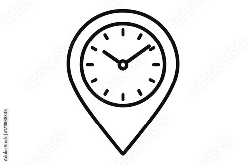 Time and location pin icon concept. Clock inside map marker for appointment schedule, deadline, or event time. Vector outline graphic for local time zone and ETA.