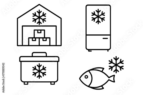 Cold storage and refrigeration vector icon set. Line icons of freezer, warehouse, cooler box, frozen fish. Food logistics, supply chain, and temperature control graphic.