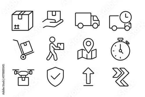 Shipping and delivery outline icon set. Logistics, fast package transport, order tracking, secure courier service pictograms. Minimal vector symbols for web, mobile app UI/UX.