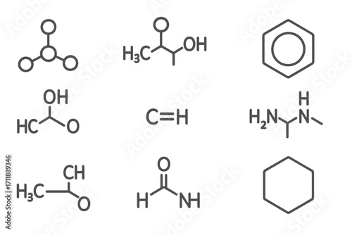Chemistry icon set. Skeletal formulas and organic chemical compound structures. Science and education concept. Benzene ring and molecule line art vector illustration collection.