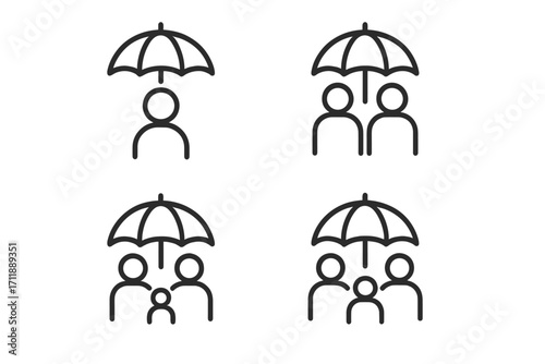 Insurance protection line icon set. Family, couple, and individual under umbrella. Safe people symbol. Security, risk management, health, life, accident, family care, medical, life support concept