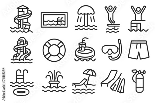 Water park and swimming pool line icon set. Summer vacation, beach and aqua park thin outline symbols. Includes water slide, lifebuoy, diving mask, snorkel and lounger.