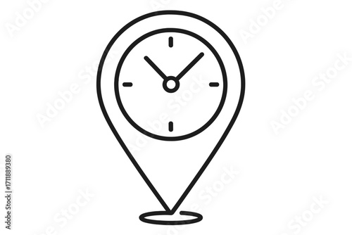 Time and location pin icon. Clock in a map marker symbol. Concept of appointment, schedule, deadline, time management, and location-based time. Vector outline illustration.