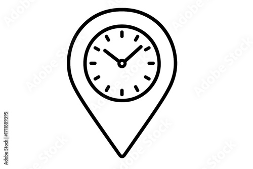 Time and location pin icon with a clock. Map pointer symbol for time management, schedule, appointment, deadline, or event time. Vector outline graphic for web design, apps, UI.