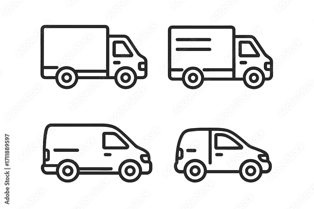 Delivery truck and van line icon set. Commercial vehicle, car and lorry transport symbols for logistics, shipping and cargo. Editable stroke vector for UI, web, and apps.