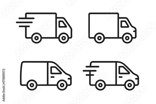 Delivery truck and van line icon set. Fast shipping, transport service concept. Logistics, freight, and courier vehicle symbols for web, UI, and apps. Vector outline illustration.